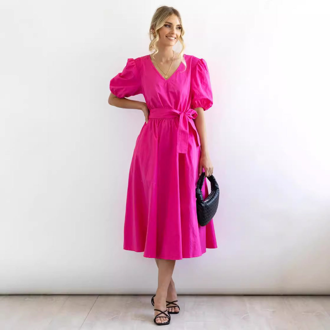 Dame Elegant V-hals Midi Kjole med Puffærmer og Talje Bælte Stilla