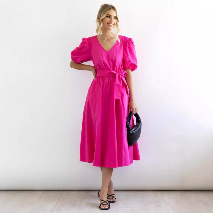 Dame Elegant V-hals Midi Kjole med Puffærmer og Talje Bælte Stilla