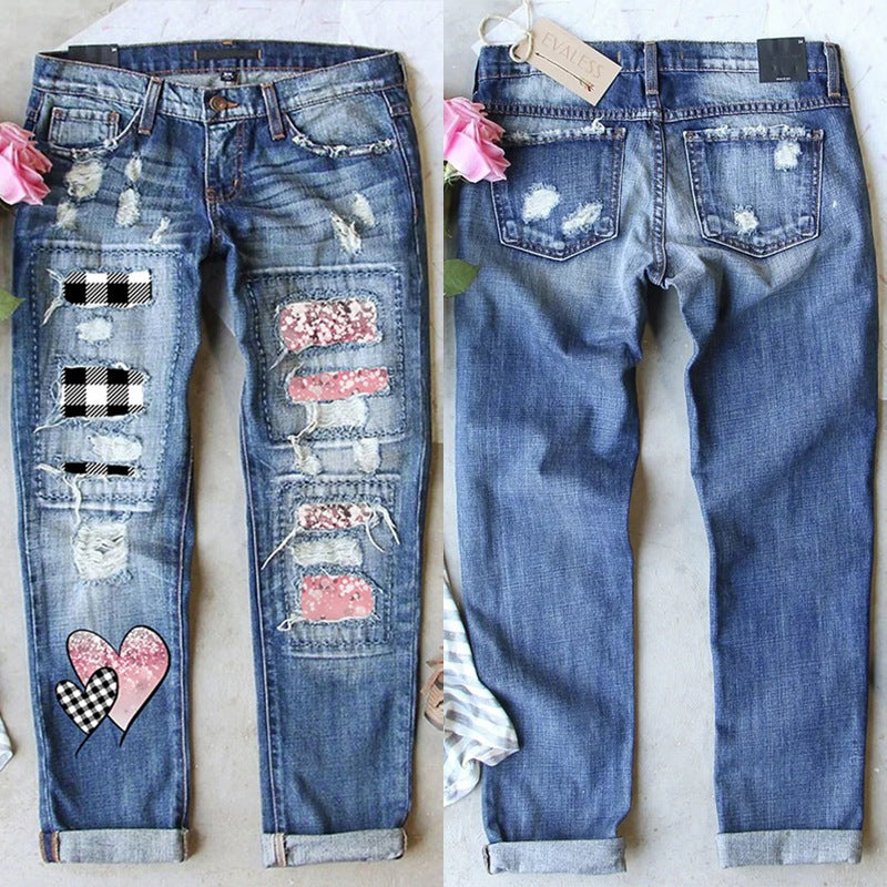 Dame Ripped Jeans med unikke applikationer og trendy design Stilla