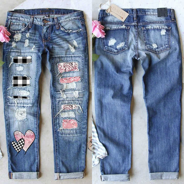 Dame Ripped Jeans med unikke applikationer og trendy design Stilla