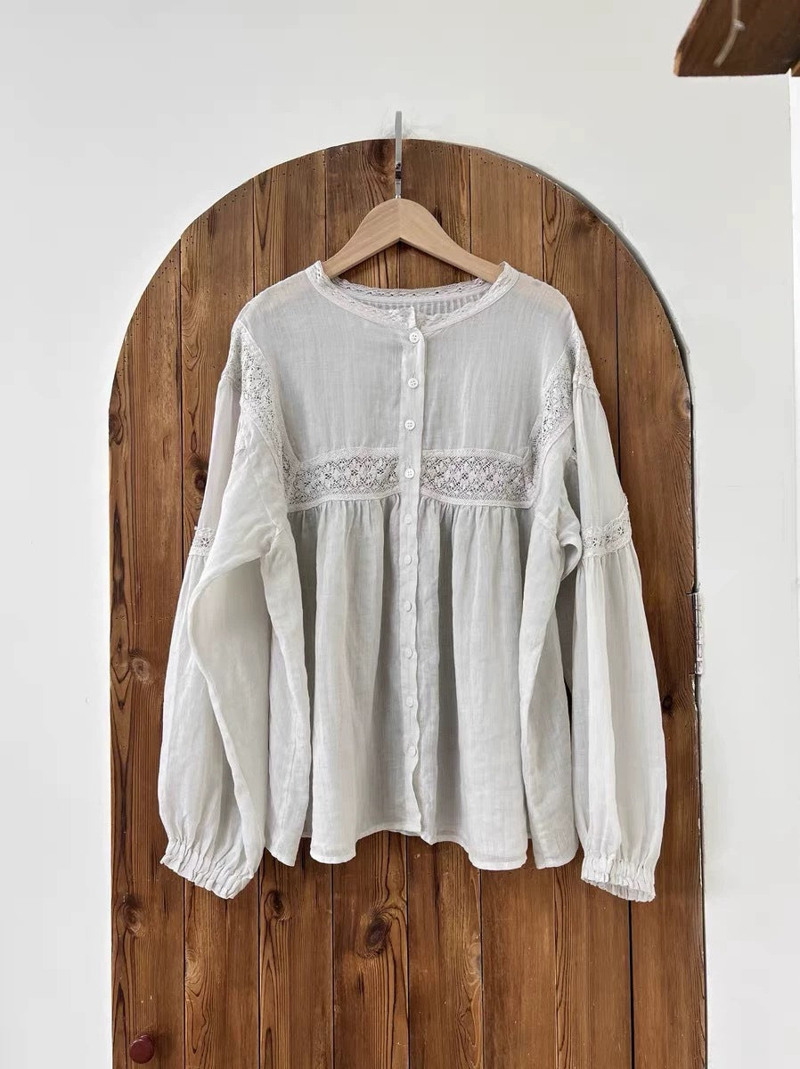 Femme Bohemian Knap-Bluse med rynkede ærmer Stilla