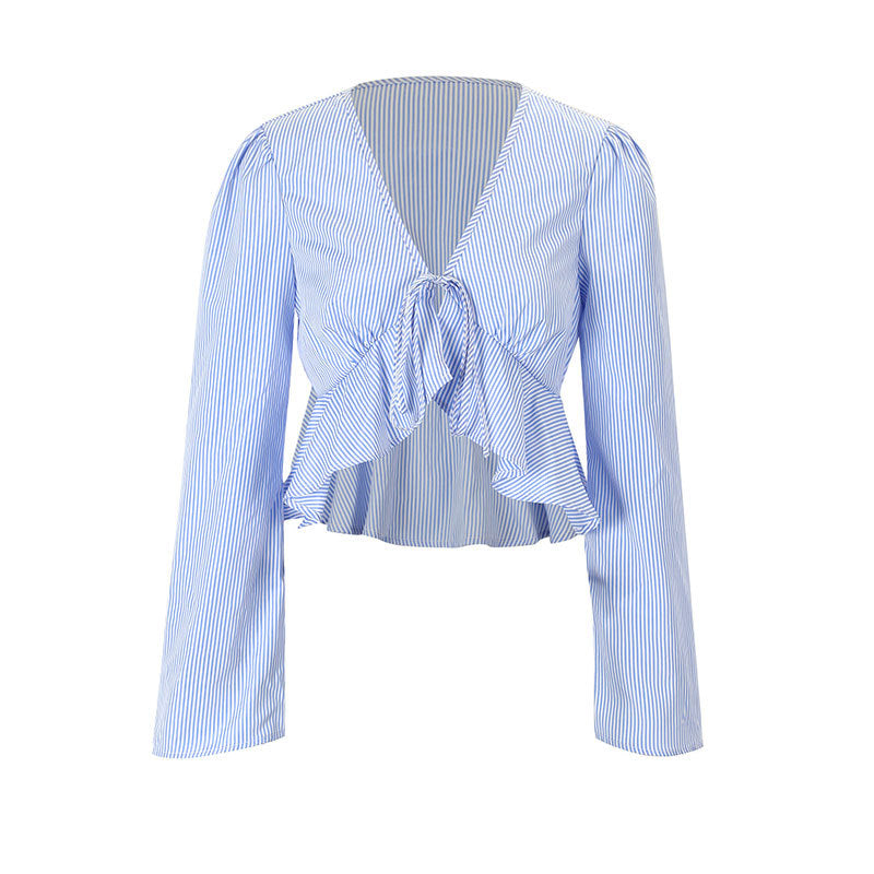 Dame cropped bluse med legende ruffle detaljer og bindebånd lukning Skovae