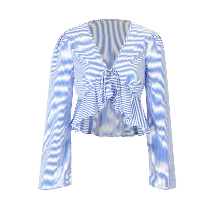 Dame cropped bluse med legende ruffle detaljer og bindebånd lukning Skovae