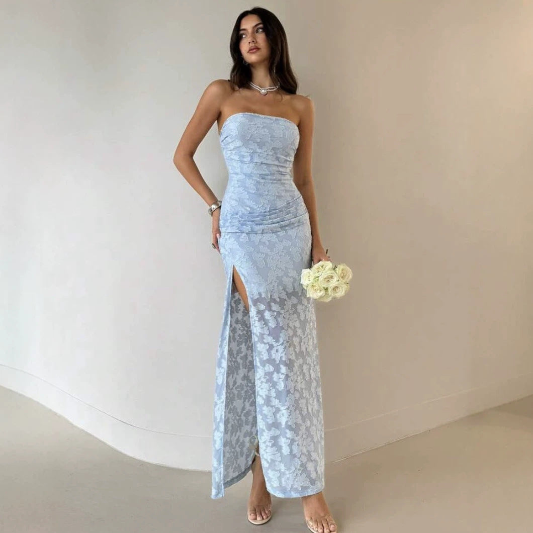 Dame Elegant Maxikjole med blomsterdesign og høj udsnit Skovae