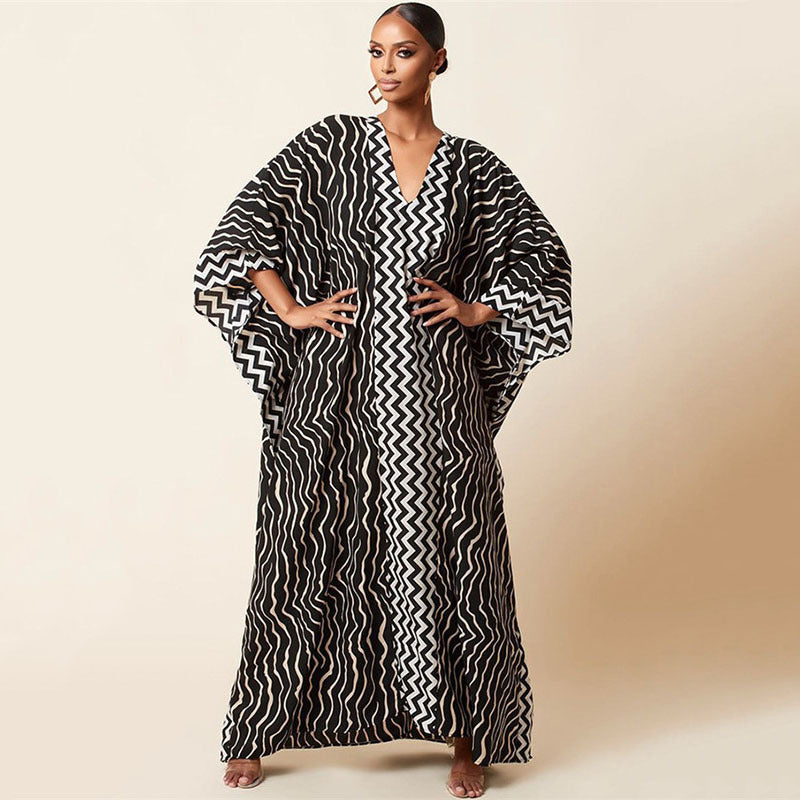 Dame elegant Kaftan med kunstnerisk zebramønster og glitrende accenter Stilla