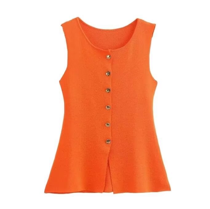 Femme Ribbet Strik Knap-Op Tank Top Stilla