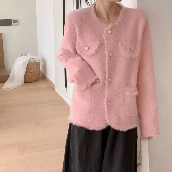Kvinders Fluffy Cardigan med Hjerte Detaljer Stilla