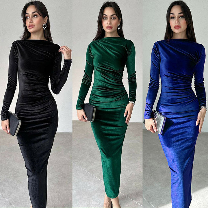 Dame maxikjole med elegant drapering og lange ærmer Stilla