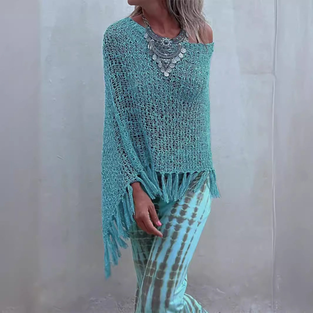 Dame luftig hæklede poncho med frynsedesign Stilla