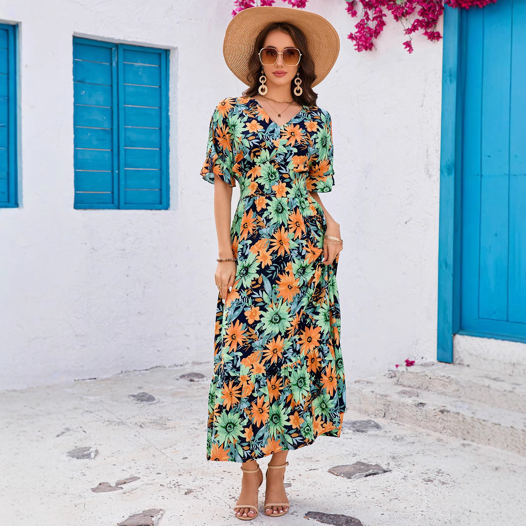 Dame Floral Maxi Kjole med Flæseærmer Stilla