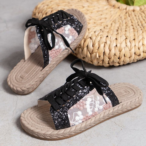 Dame elegante glimmersandaler med floralt design og snørebånd Stilla