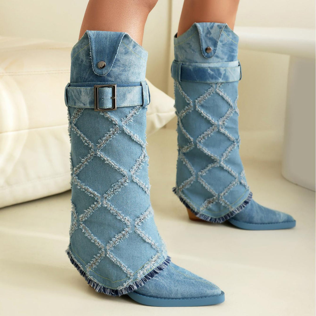 Femme Stilfulde Denim Over-knæ Cowboy-støvler Stilla