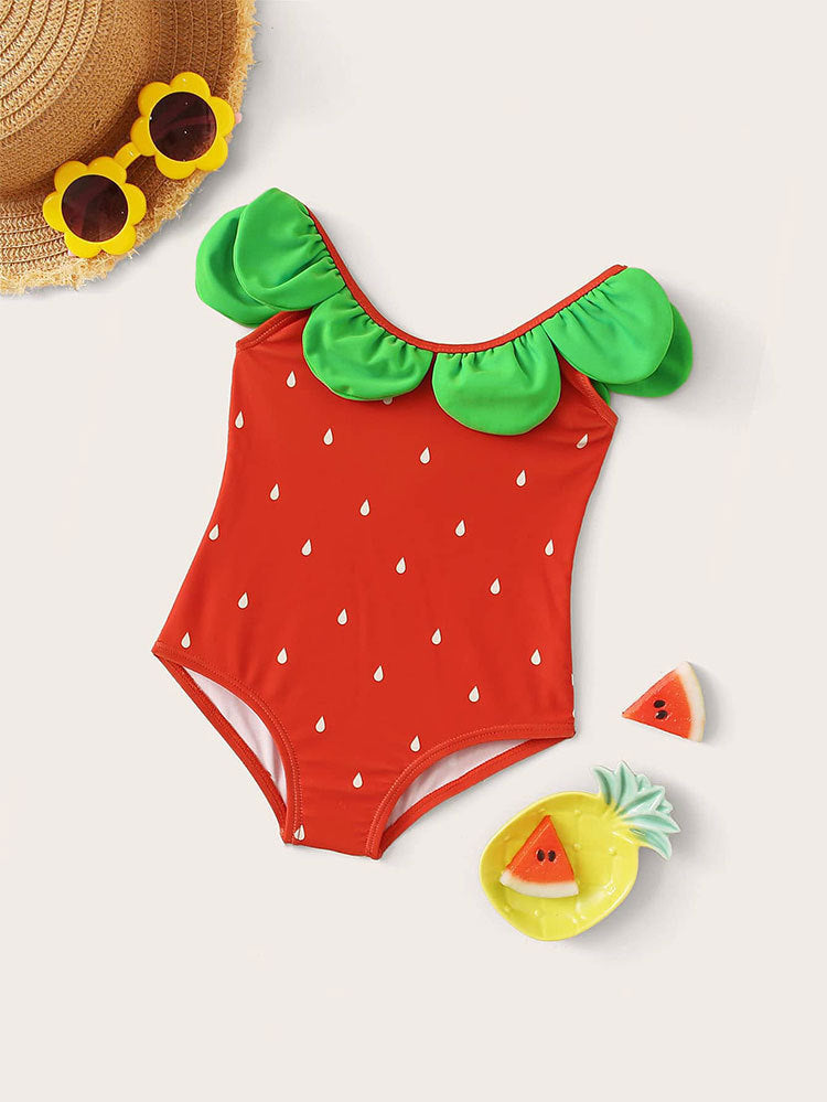 Dame ensartet badedragt med voluminøse ruffles detaljer og glad vandmelonmotiv Stilla