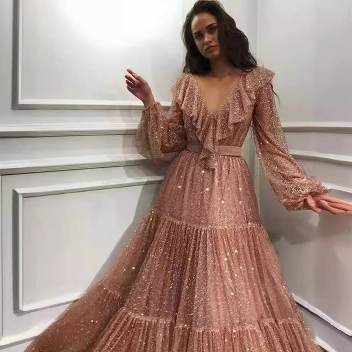 Dame Elegant Maxikjole med Flæse Detaljer og Glimt Effekt Stilla