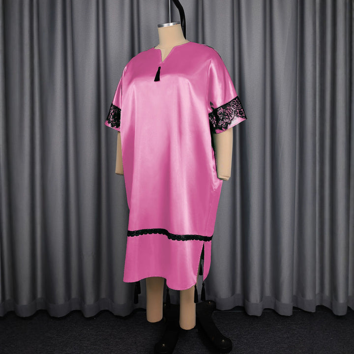 Dame Elegant Satin-Kaftanrobe med Blondeakcenter Skovae