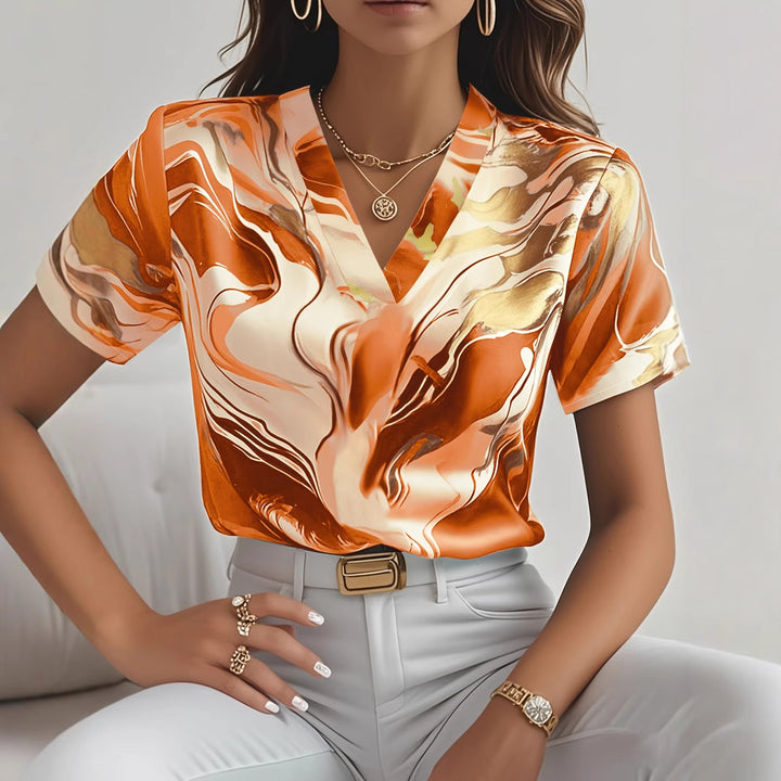 Dame Viskosebluse med elegant Marmor-stil og V-udskæring Stilla