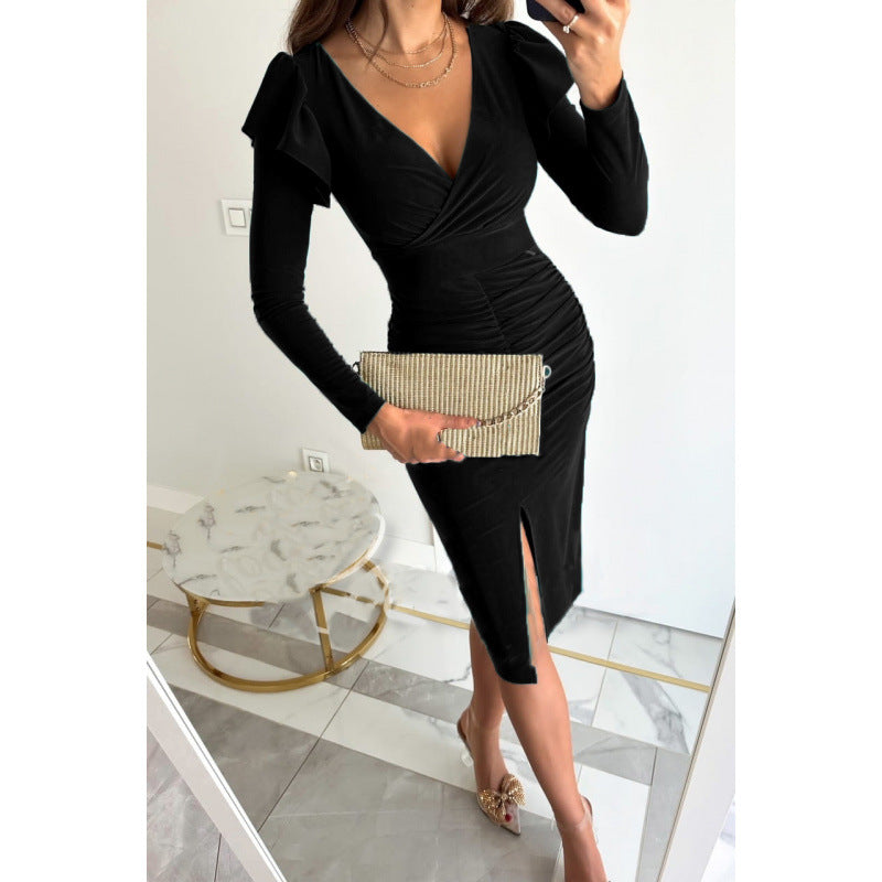 Femme Elegante Raffung Midi Kjole med Rysjer Stilla