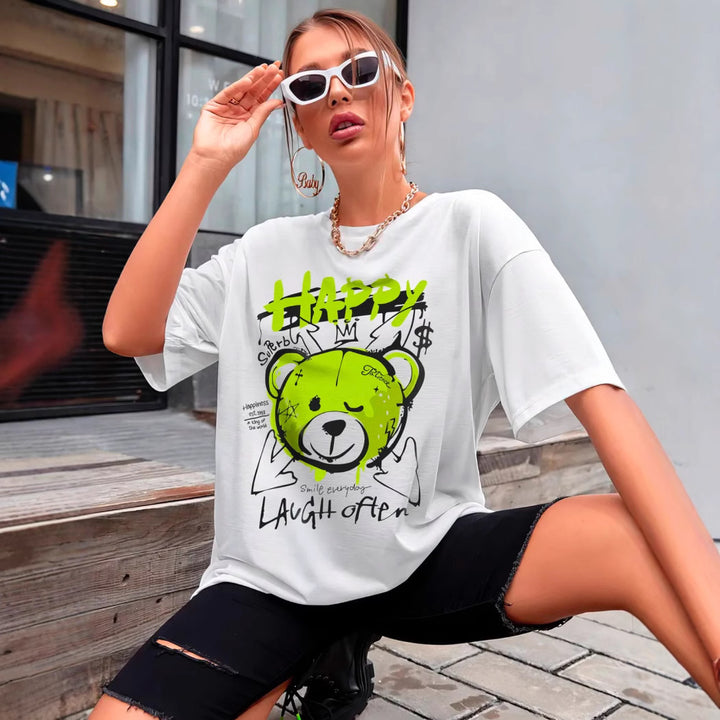 Dame T-shirt med afslappet b Bear-motiv og inspirerende udtalelse Stilla