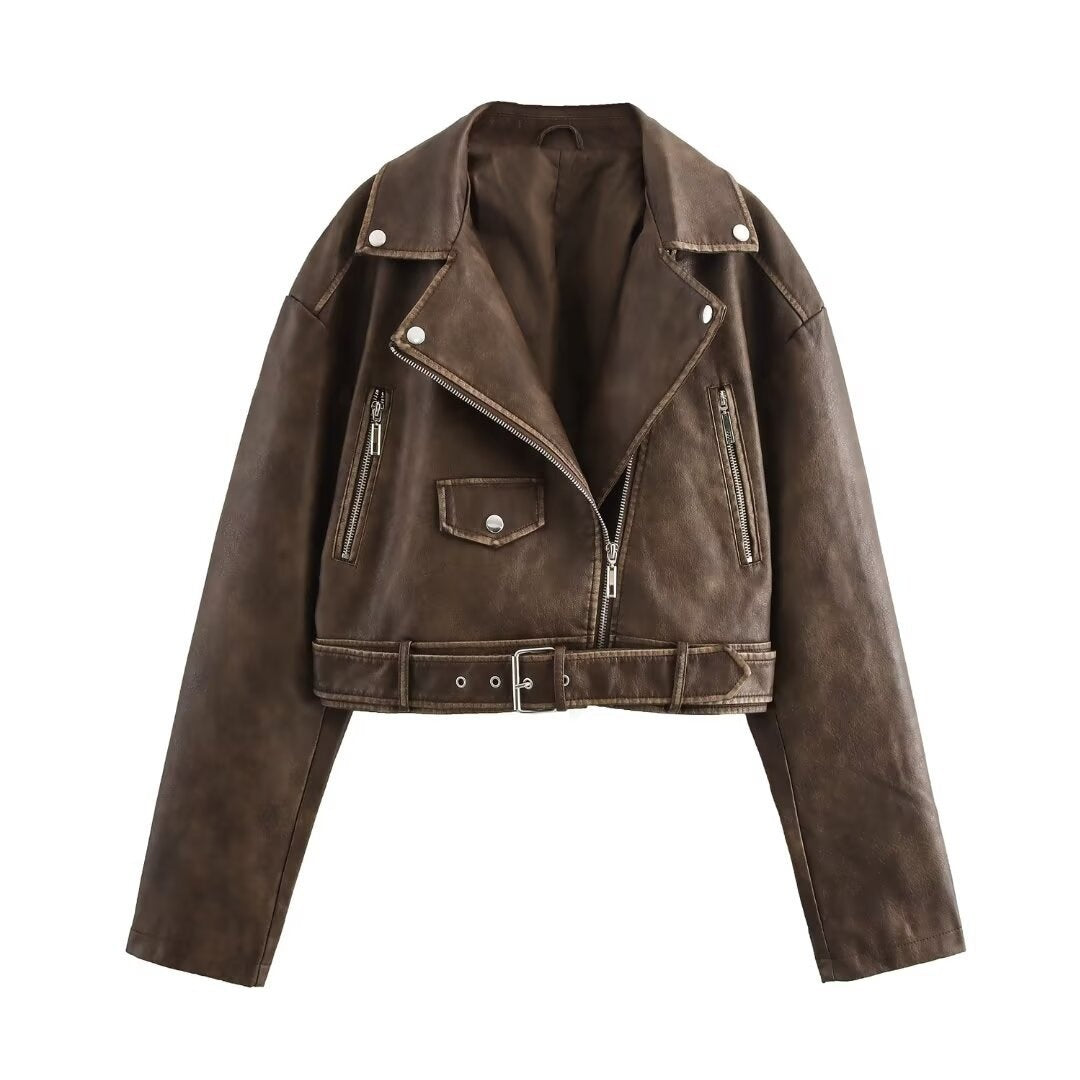 Femme Cropped Bikerjakke med Bælte Detalje Stilla