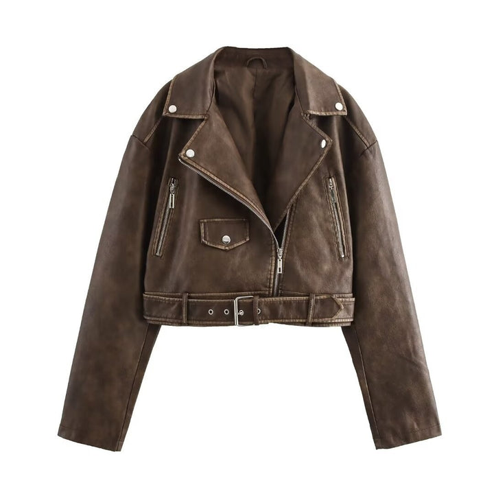 Femme Cropped Bikerjakke med Bælte Detalje Stilla