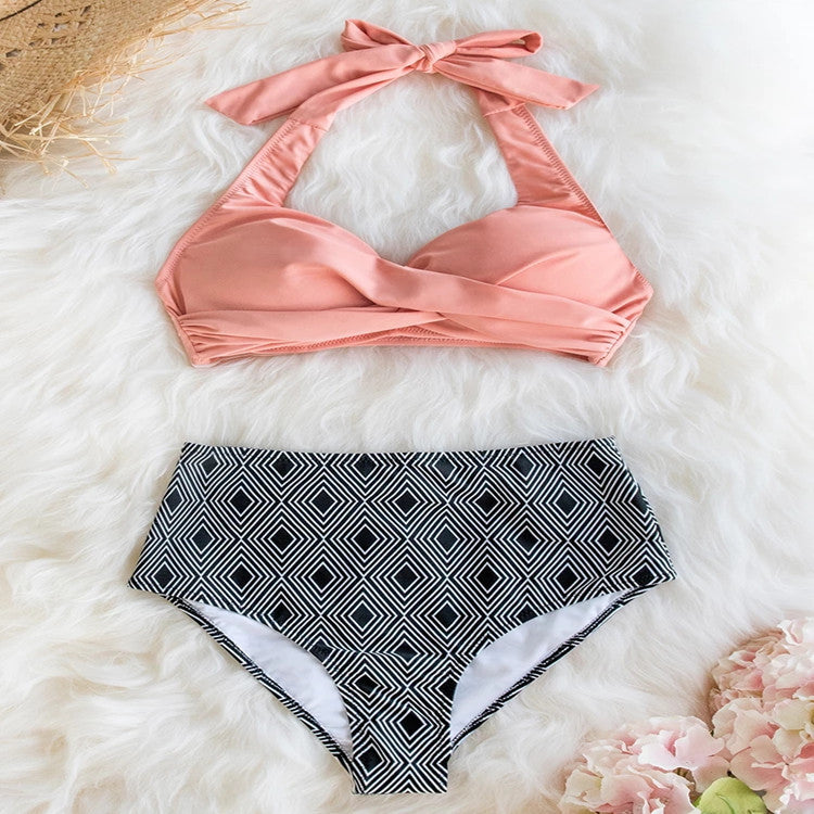 Damer High-Waist bikini-sæt med elegant indpakningsdesign og moderigtigt geometrisk mønster Skovae