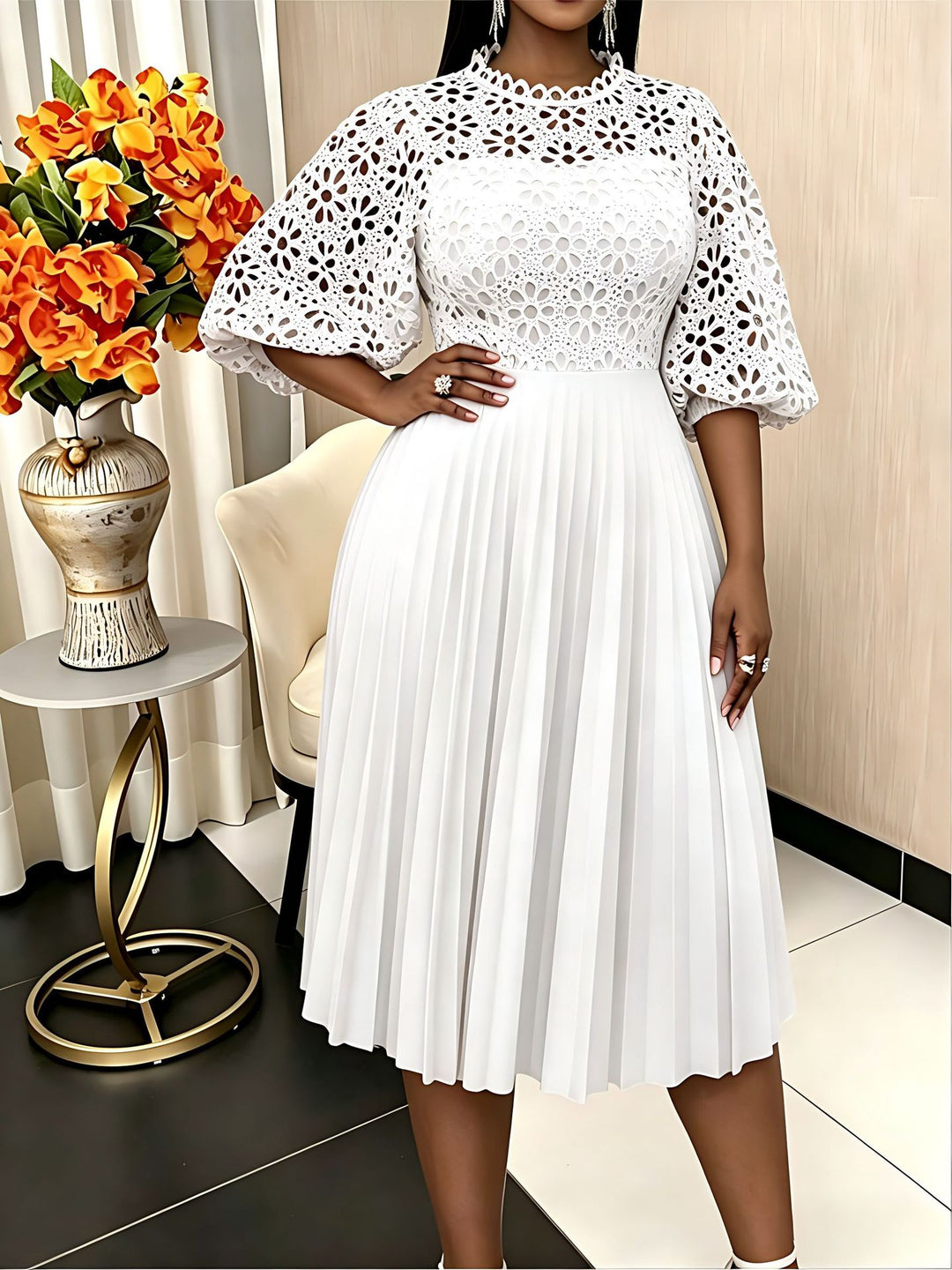 Damer elegant midikjole med spidstop og plisseret skirt Skovae