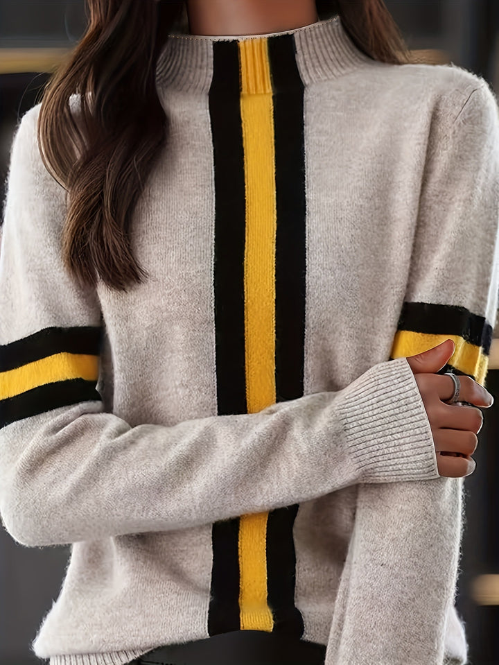 Dame Casual Stribet Strikpullover med Ståkrave Stilla