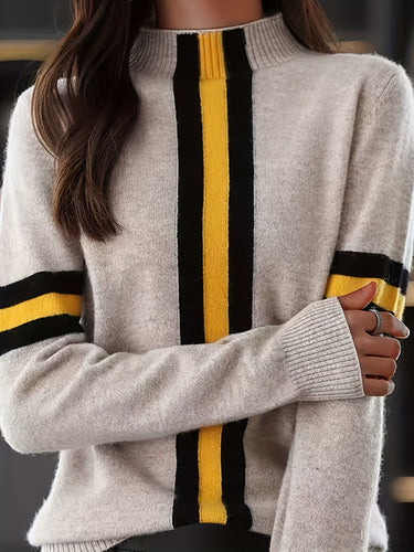 Dame Casual Stribet Strikpullover med Ståkrave Stilla