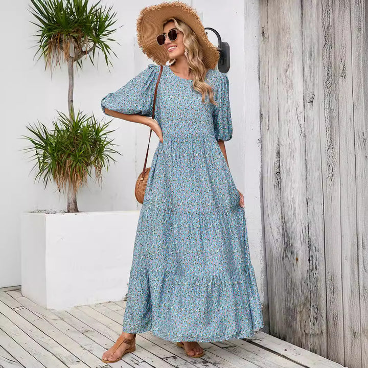 Kvinder Bohemian Maxi Kjole med Puffærmer Stilla