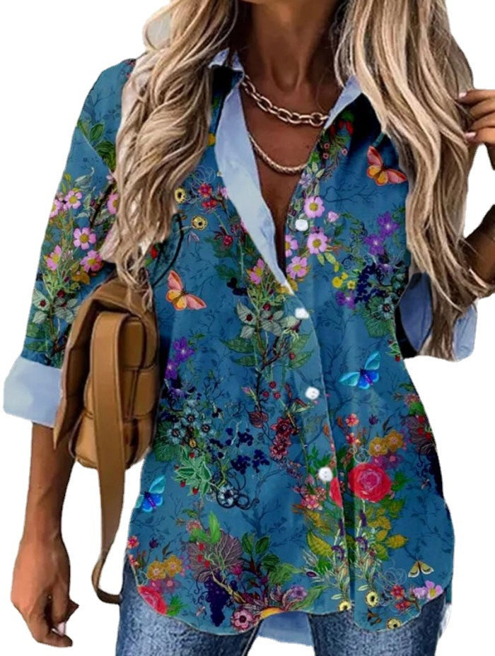 Dame bluse top med florale detaljer og elegant krave Stilla
