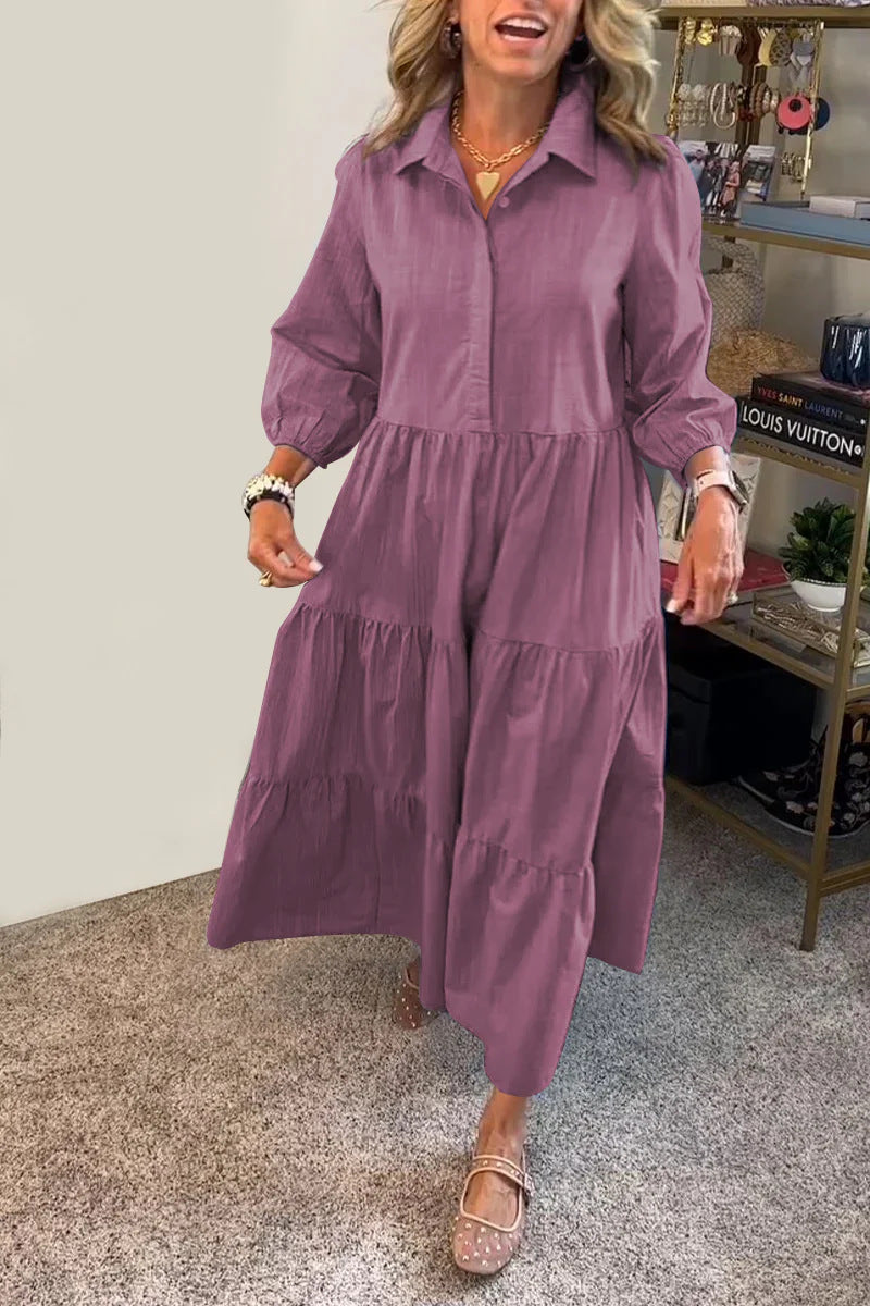 Dame Langærmet Skjortekjole med voluminøse Ruffles Detaljer Stilla