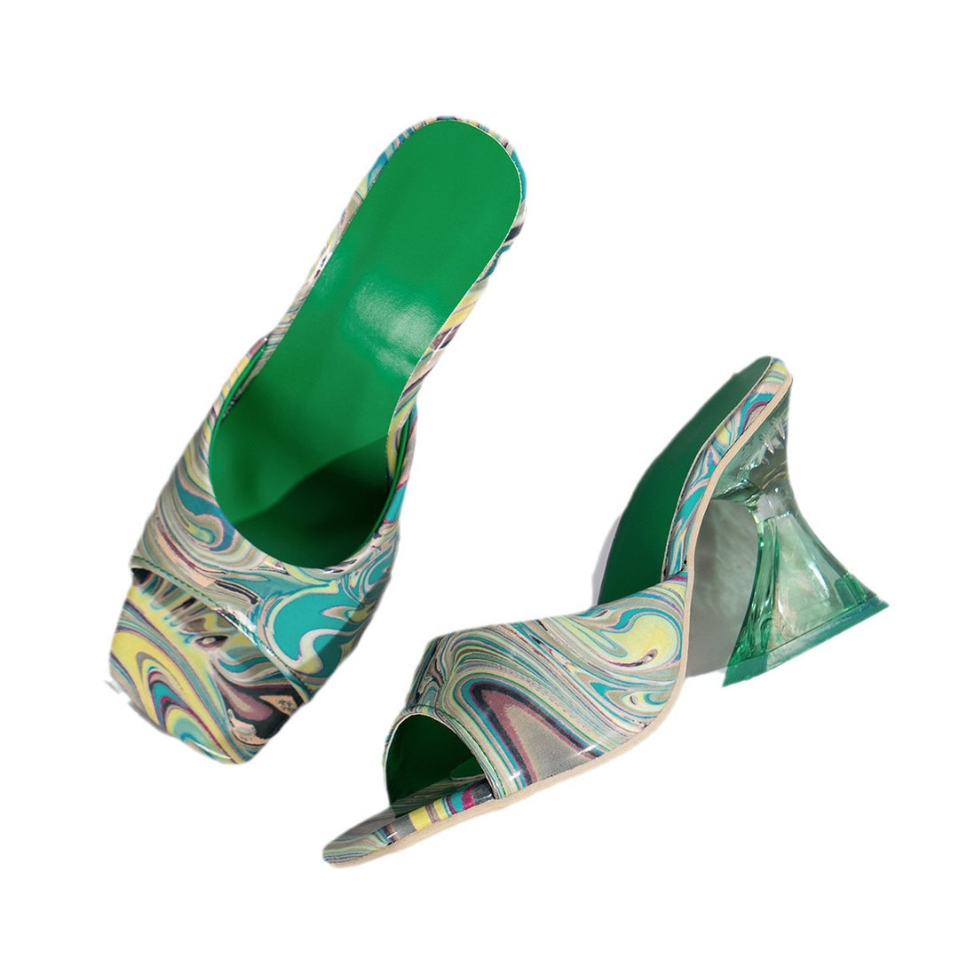 Dame Open-Toe Pantoletten med kunstnerisk, marmorert design og transparent blokhæl Stilla