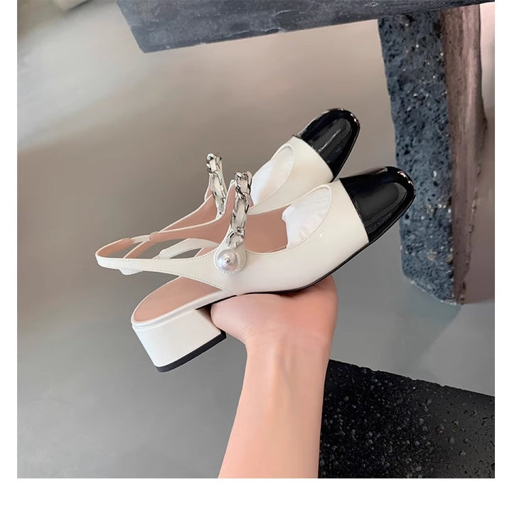 Dame Elegant Slingback Blokhæls Pumps med dekorativ kæde Detalje Stilla