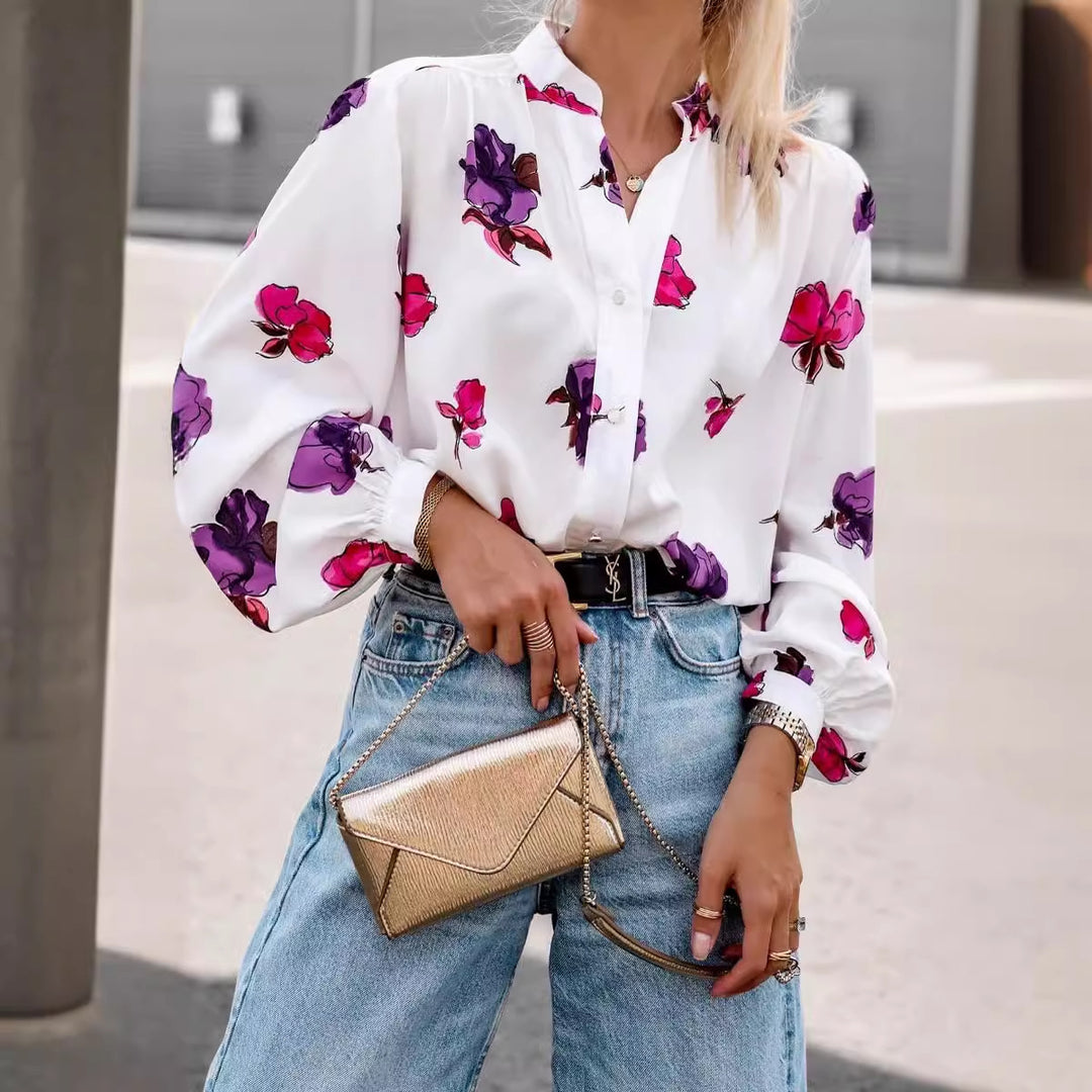 Dame elegant bluse med blomster mønster og legende flæser Stilla