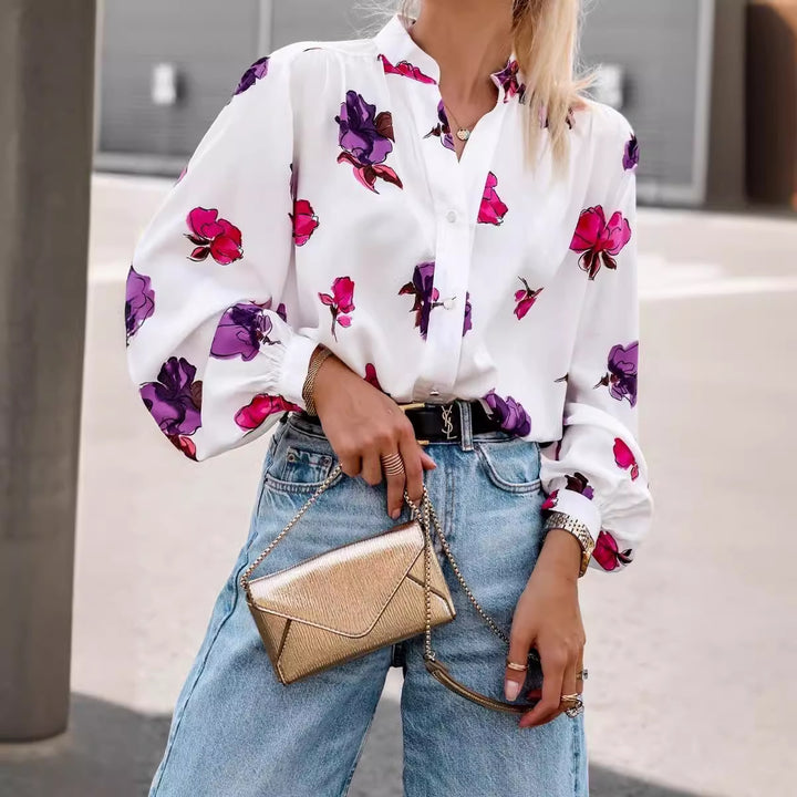 Dame elegant bluse med blomster mønster og legende flæser Stilla