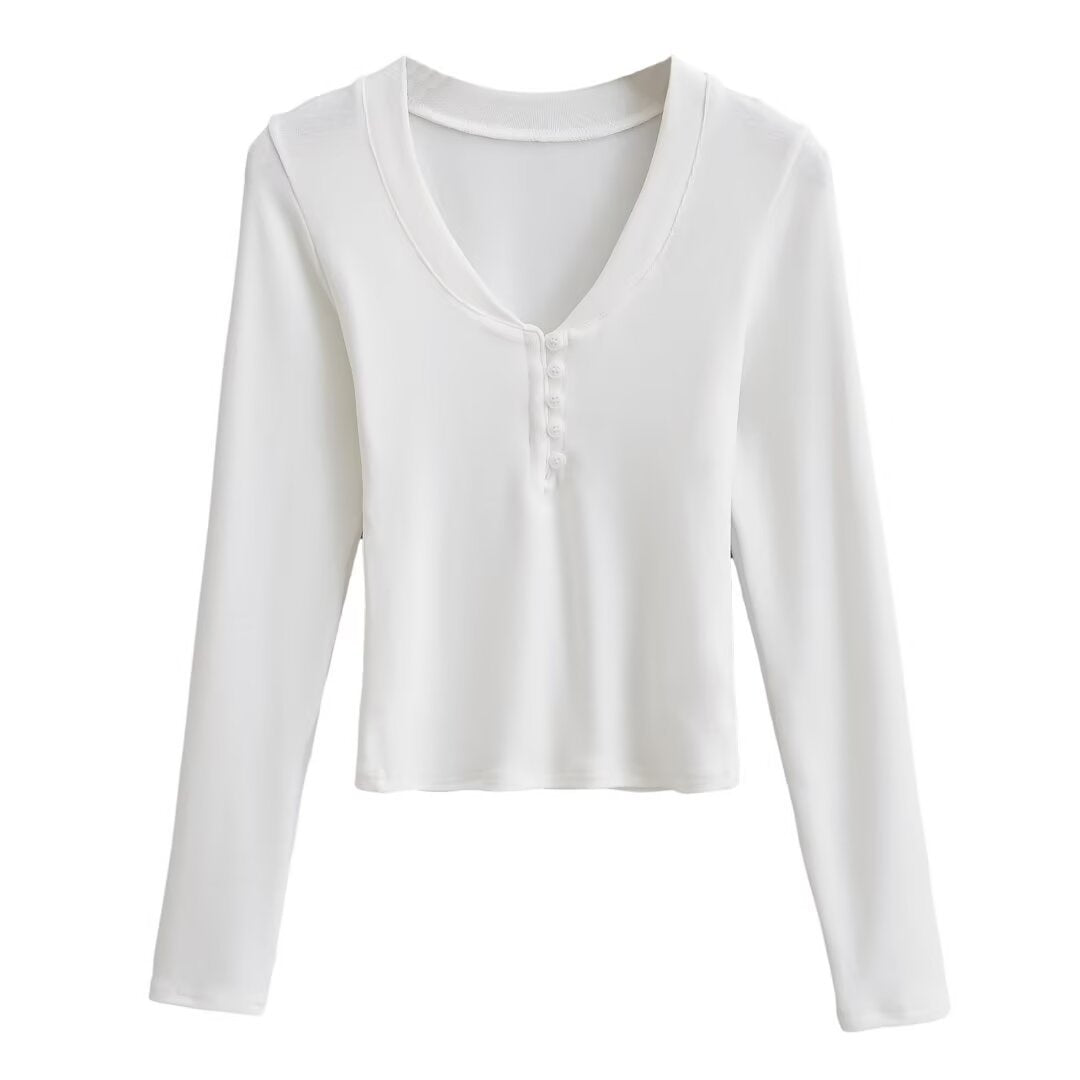 Dame Langærmet Henley T-shirt med elegant V-udskæring og fashionable knapdetalje Stilla