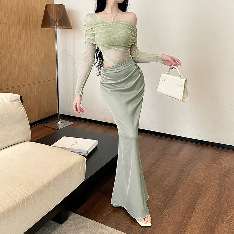 Kvinder Rynkning Off-Shoulder Maxi Kjole Stilla