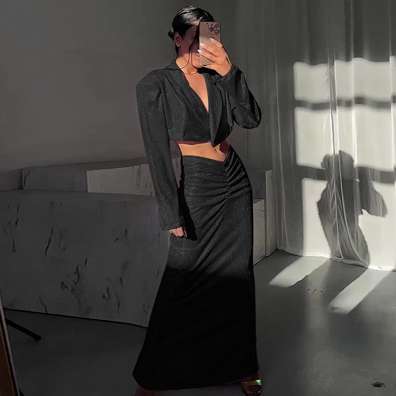 Dame Glitrende Crop-Top og Wrap-Skørt Sæt Skovae