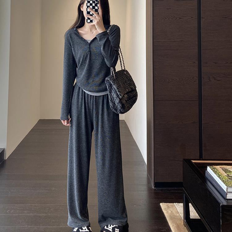 Dame fritids-loungewear-sæt med langærmet top og elastiske bukser Stilla