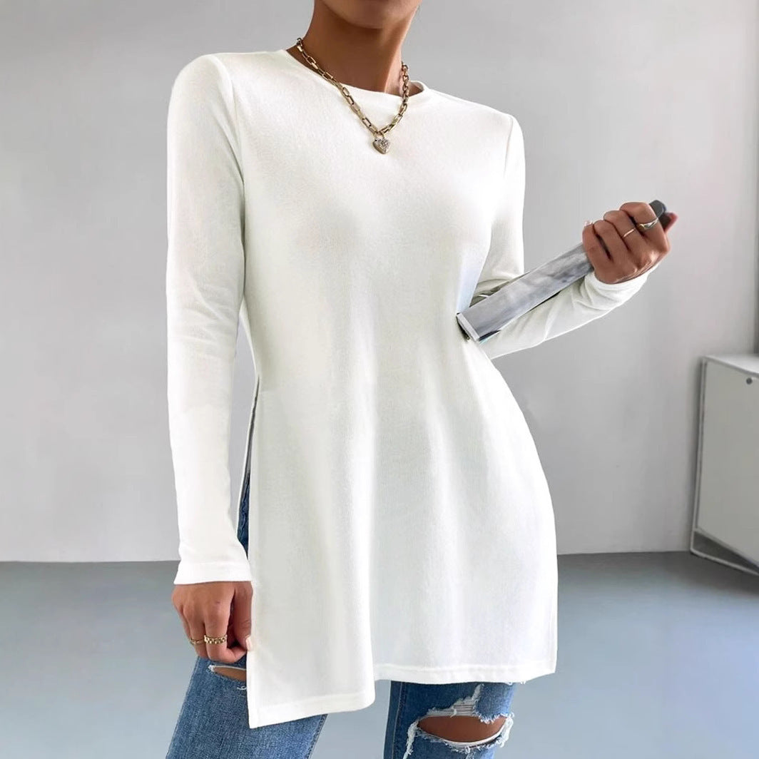 Dame fashion langærmet tunika top med sidelængder og rund pas Stilla