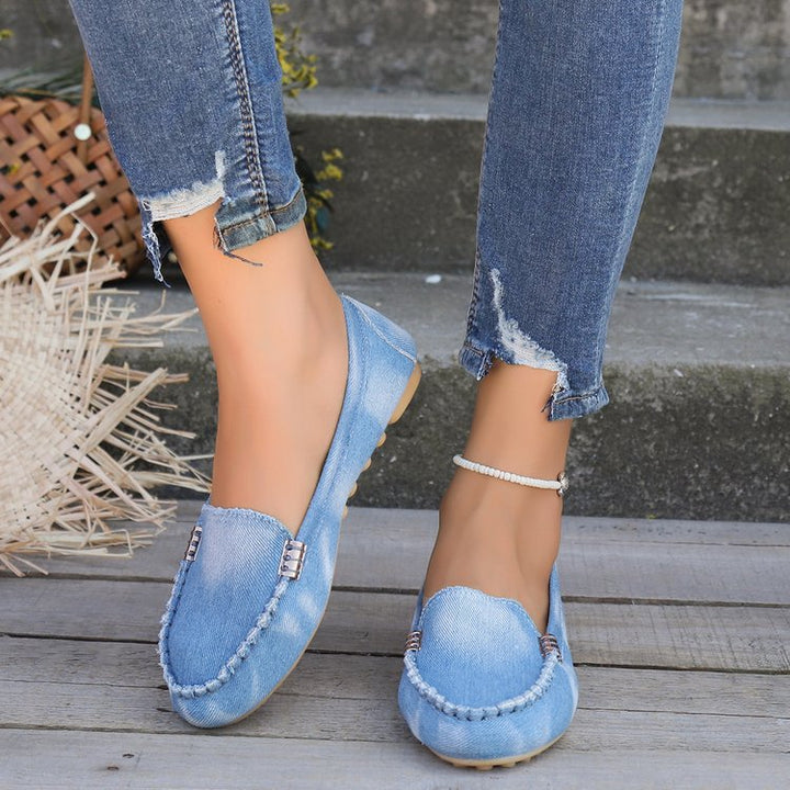 Dame nan afslappede Denim-Mokassin-sko med elastisk indgang og skridsikker gummisål Skovae