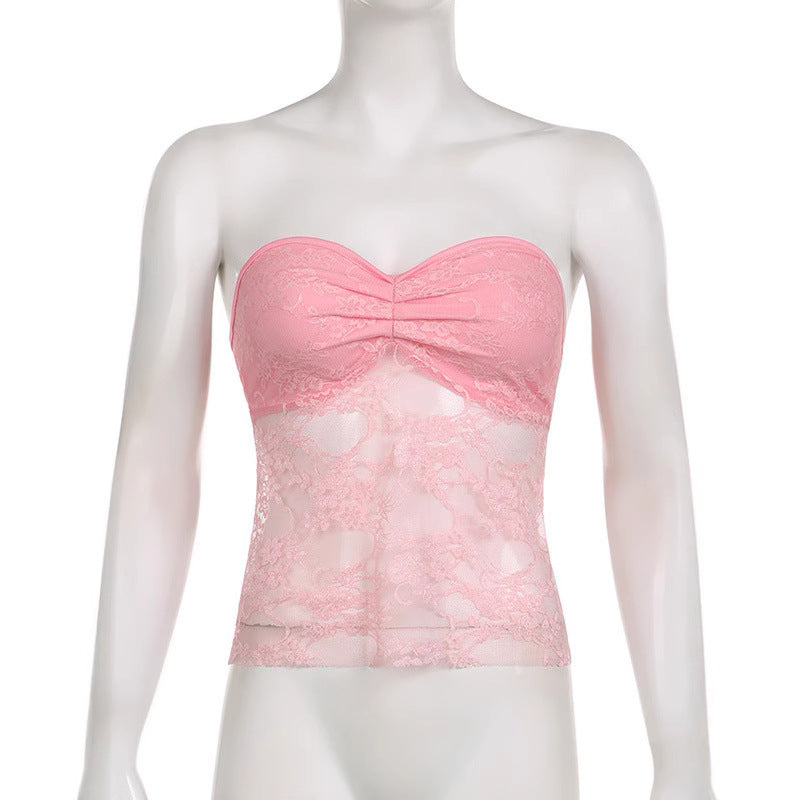 Dame Spids-Crop-Top med elegant Rynkning og transparente Detaljer Skovae