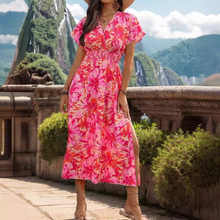Dame Maxi-kjole med elastisk talje og blomstret design Stilla