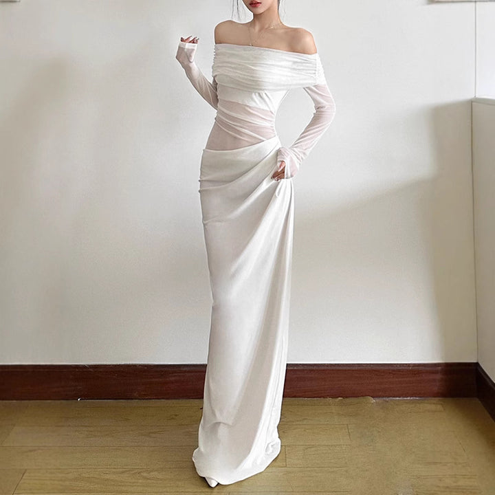 Dame Off-Shoulder Maxikjole med figursyet design og rynkning Skovae