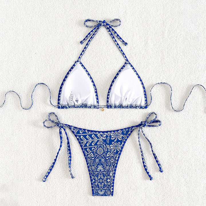 Dame triangel-bikini med legende mønster og elegante bindebånd Skovae