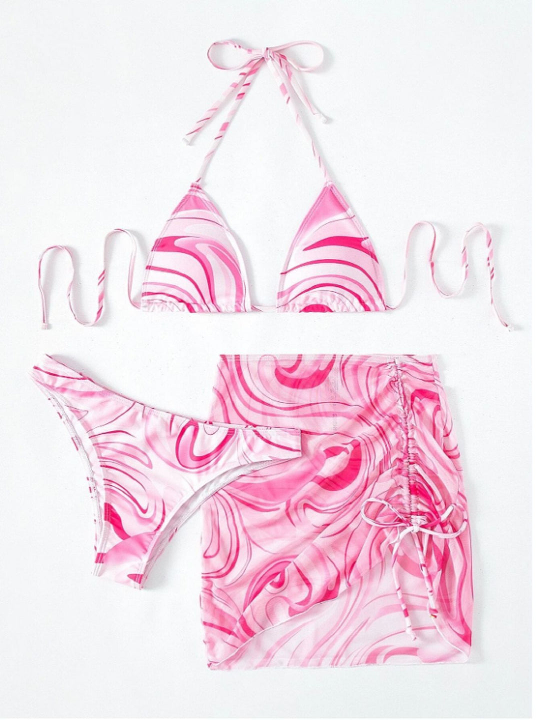 Dame Triangel-Bikini-Sæt med legesyg omslagsshort og unikt marmor-mønster Stilla