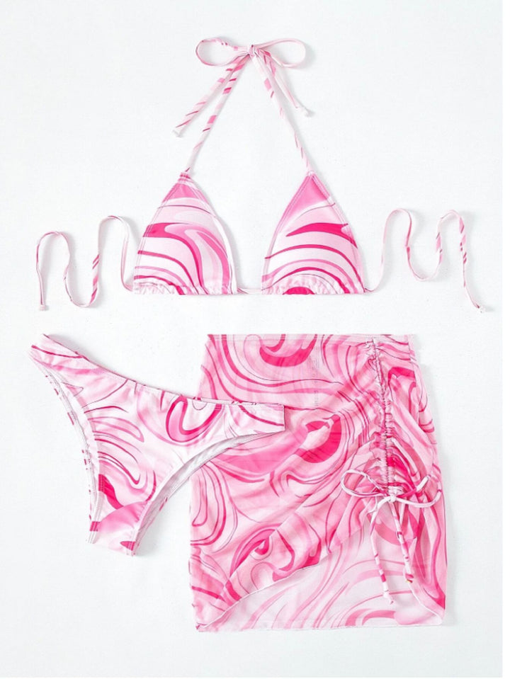 Dame Triangel-Bikini-Sæt med legesyg omslagsshort og unikt marmor-mønster Stilla