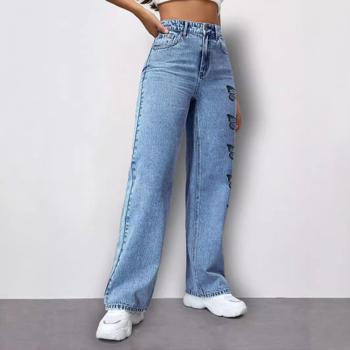 Dame bred denim-bukser med legende sommerfuglemotiver Stilla