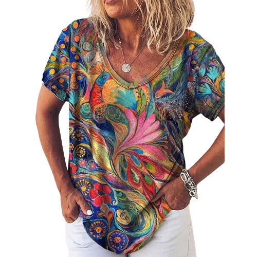 Kvinder V-hals Kunstnerisk Tryk T-shirt Stilla