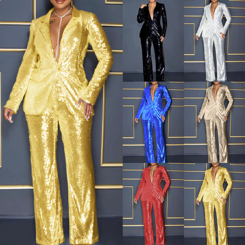 Dame Glitterende Jumpsuit sæt med tætsiddende silhuet og glitrende detaljer Stilla